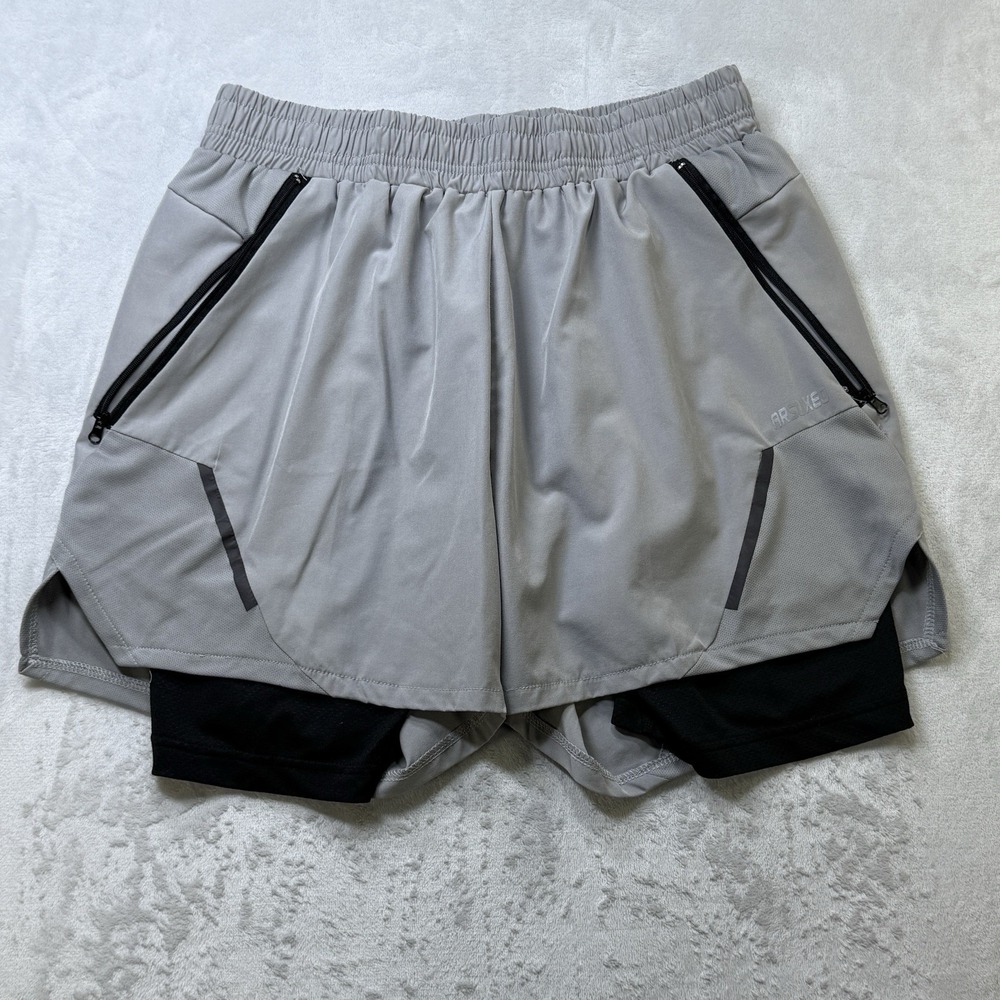 ARSUXEO Women's 2-in-1‎ Running Shorts Gray Built-In Liner Size L